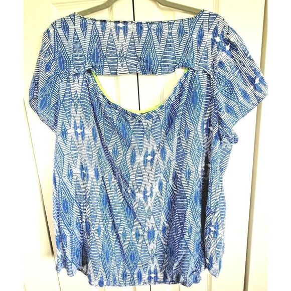 Torrid 2 Peek A Boo Back Top Size 2X Colorful Tropical Flutter Sleeves Faux Pckt - Picture 2 of 5